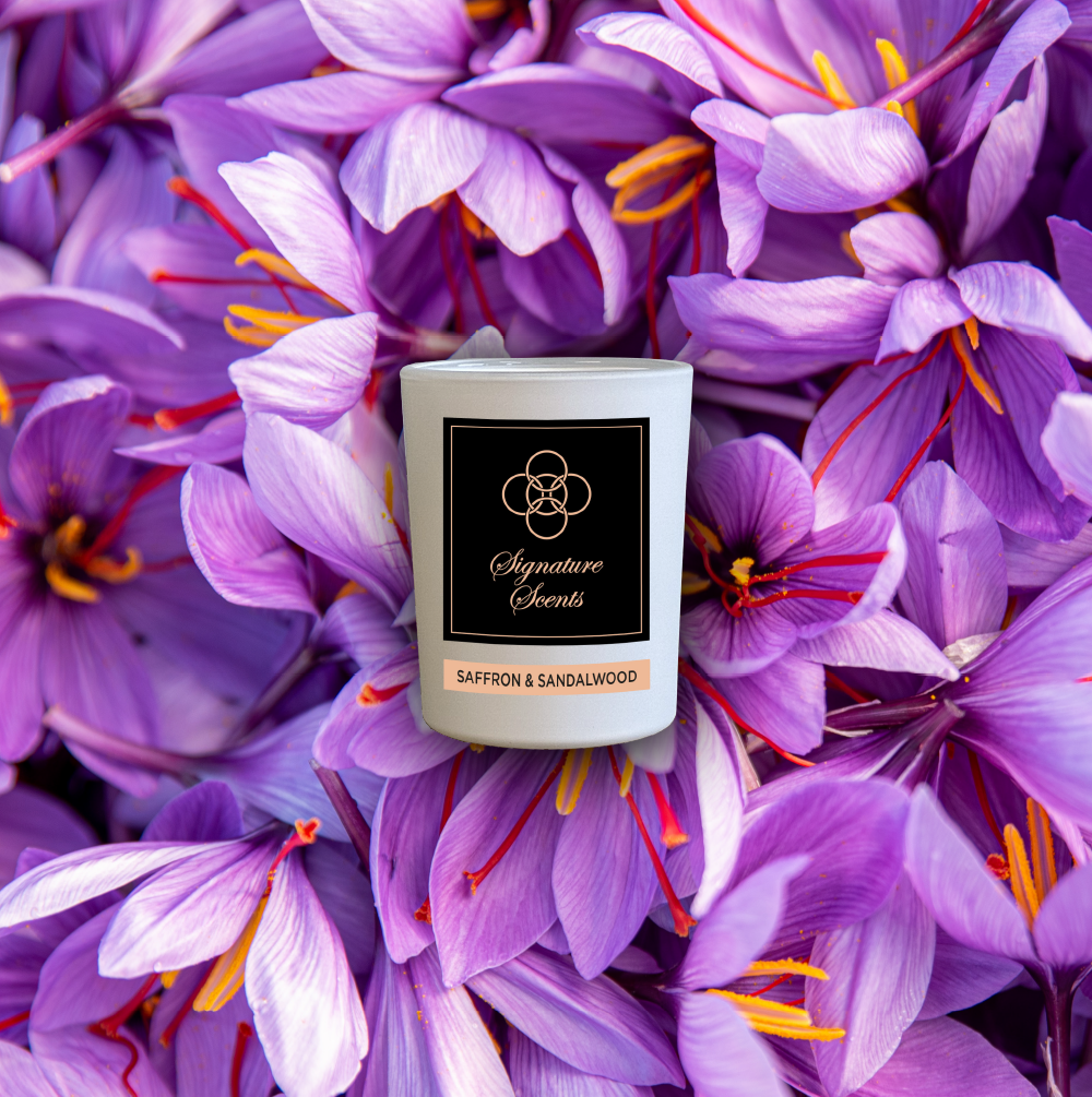 Signature Scents -Mini in Frosted White 110ml Saffron & Sandalwood